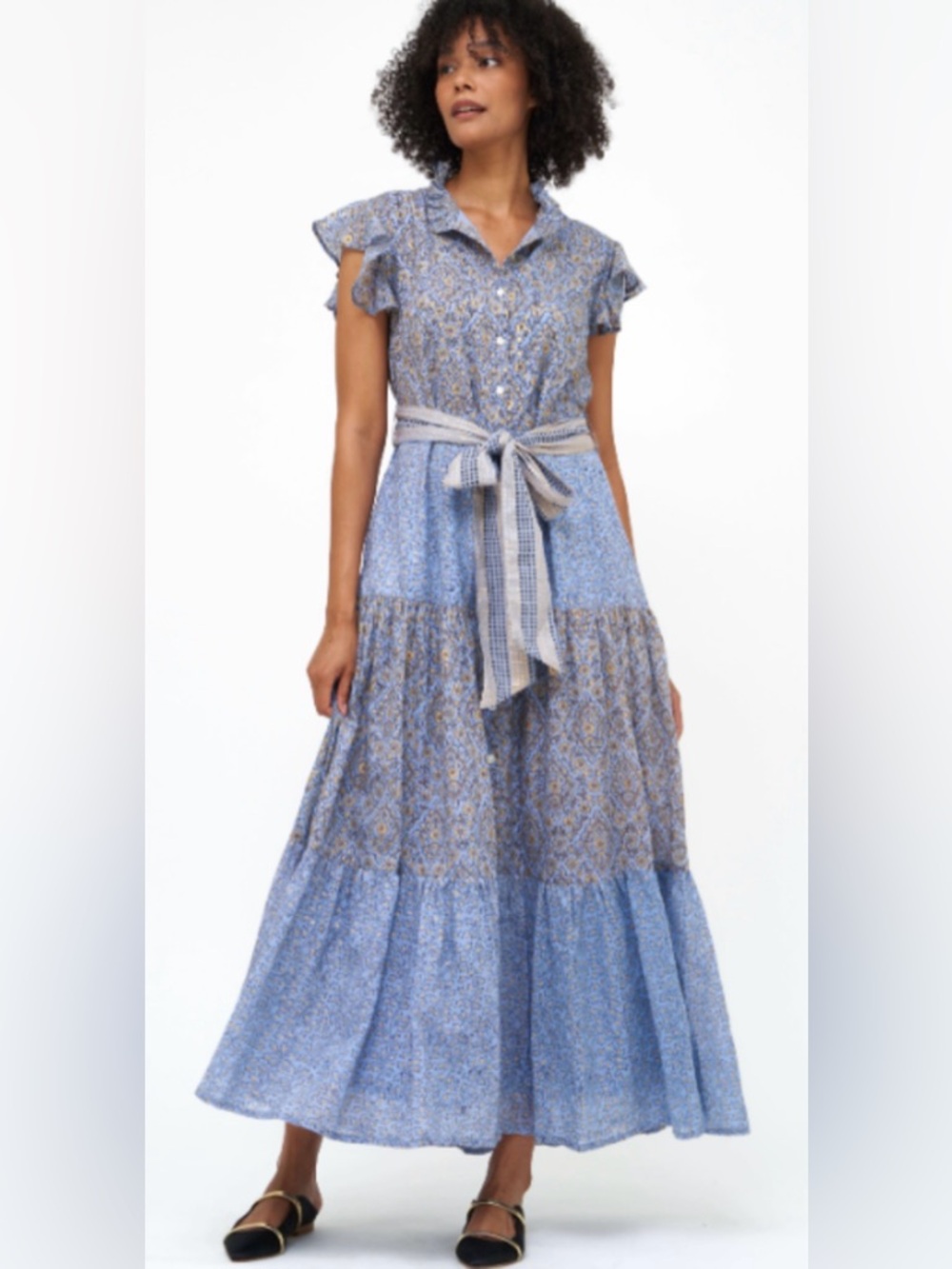 Oliphant Light Blue Printed Button-Front Maxi Dress with Waist Tie